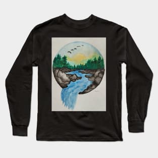 A flock of birds flying high above falling water Long Sleeve T-Shirt